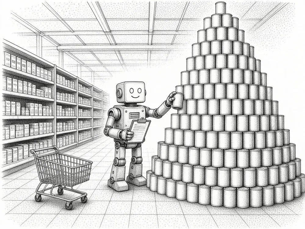 Pen-and-ink cartoon of a smiling boxy robot with a clipboard stacking hundreds of identical plain cans into a pyramid that reaches the ceiling, beside an empty shopping cart