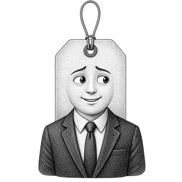 Stipple hedcut portrait of a cartoon retail price tag character wearing a suit and tie with a nervous smile