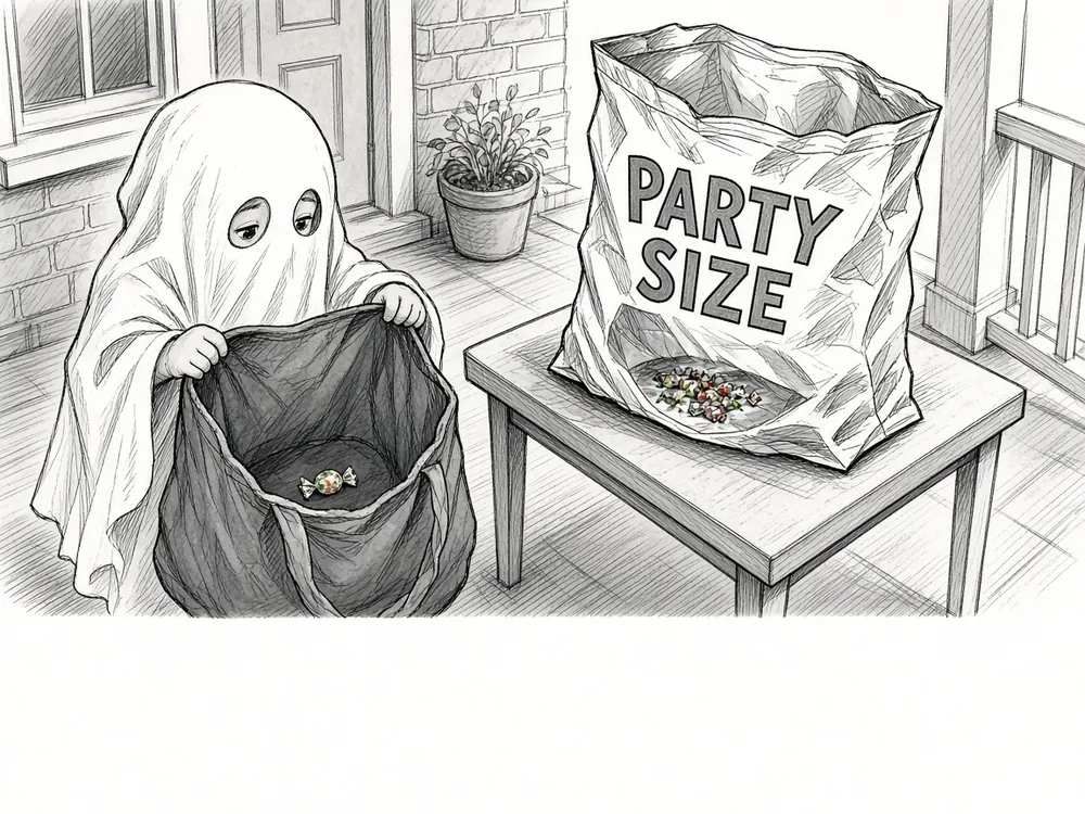 Pen-and-ink cartoon of a child in a ghost costume looking into a nearly empty trick-or-treat bag beside a large party-size candy bag that is mostly empty