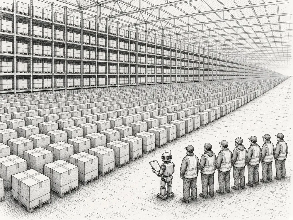 Pen-and-ink cartoon of a vast warehouse of identical boxes with a line of workers in safety vests being supervised by a small robot holding a clipboard