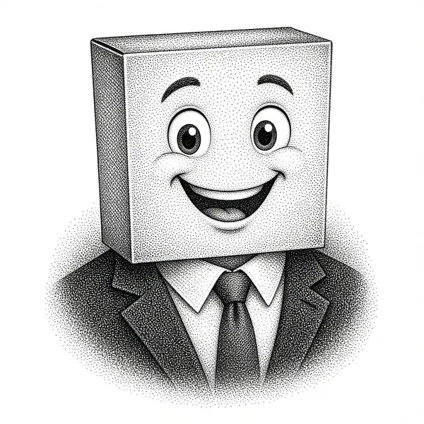 Stipple hedcut portrait of a smiling cartoon cereal-box mascot wearing a suit and tie