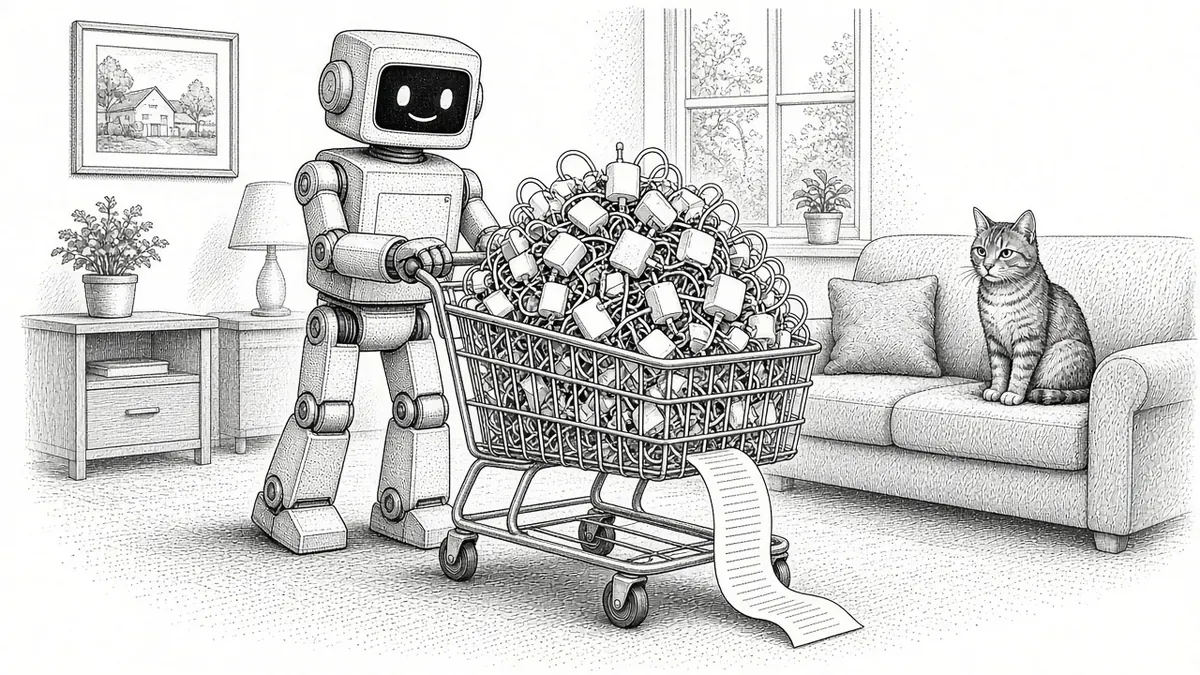 Stipple illustration of a boxy robot pushing a shopping cart overflowing with phone chargers while a cat watches from the couch