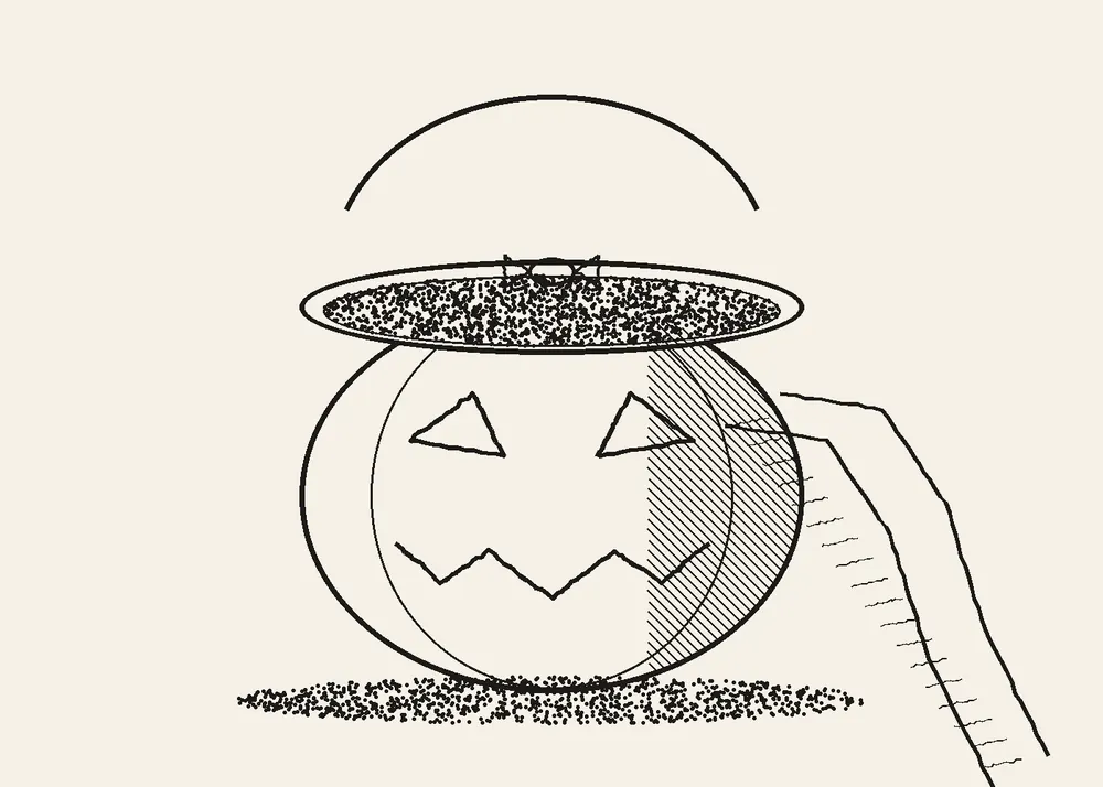 Ink cartoon of a jack-o’-lantern candy bucket holding a single wrapped candy on its rim while a very long blank receipt spills out of it across the floor