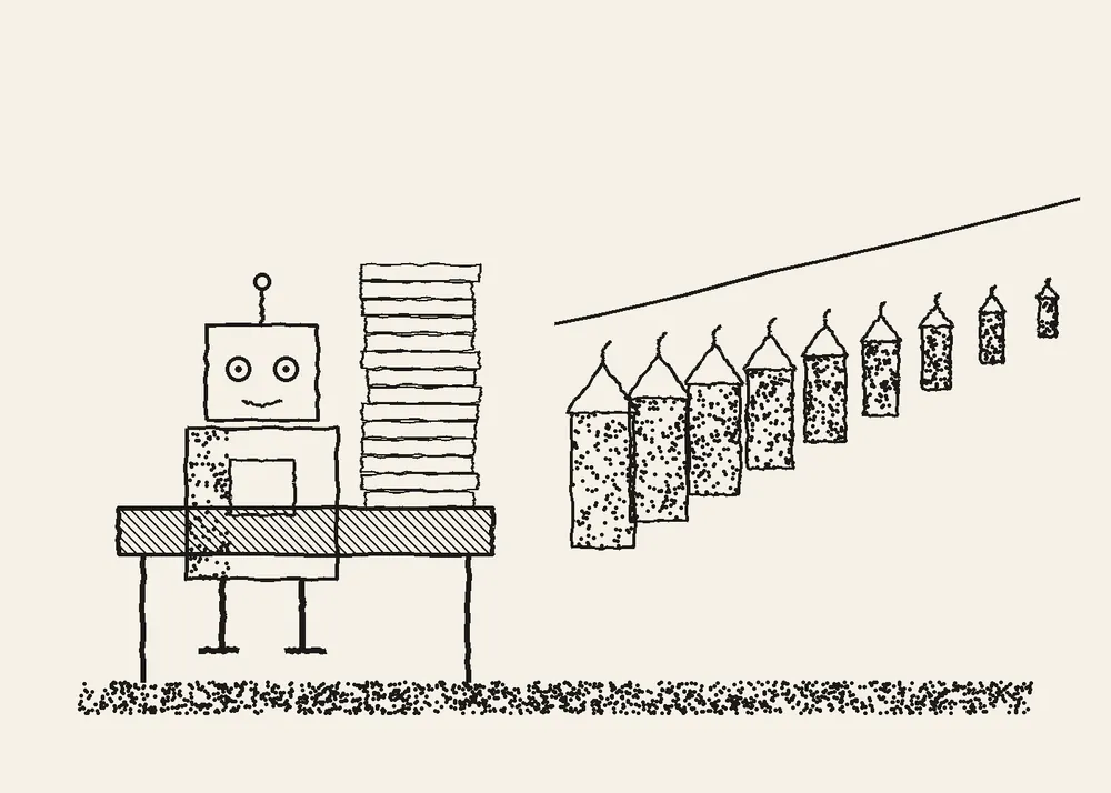 Ink cartoon of a boxy robot sitting at a desk beside a tall stack of papers, facing a line of empty sweaters on hangers stretching to the horizon