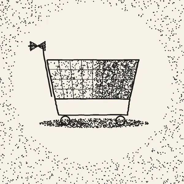 Stipple hedcut-style drawing of a steel shopping cart wearing a small bow tie on its handle