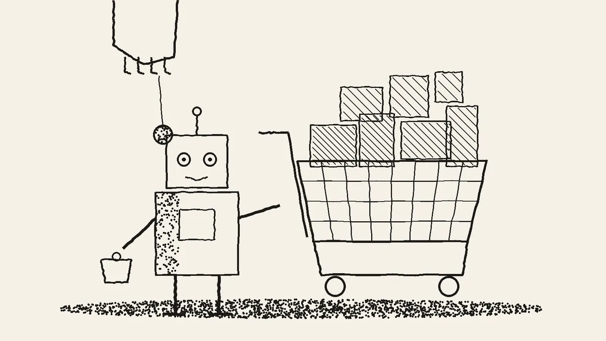 Ink cartoon of a small boxy robot clutching a coin purse while pushing a shopping cart piled high with boxes, as a large hand above dangles a single coin on a string