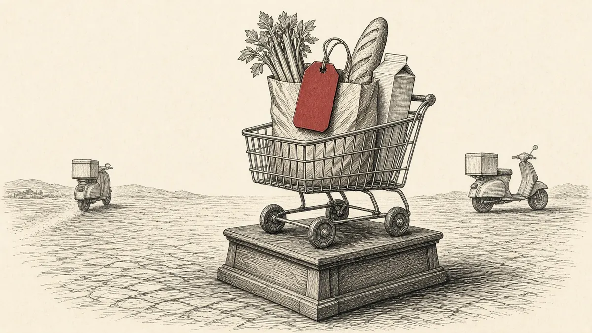 Engraving of a grocery bag sitting in a shopping cart on an auction podium, with a red price tag and delivery scooters waiting below
