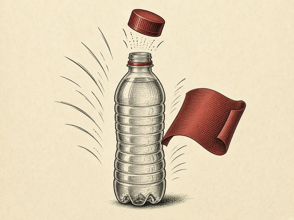 Engraving of a plastic bottle with its cap and red label flying off in opposite directions