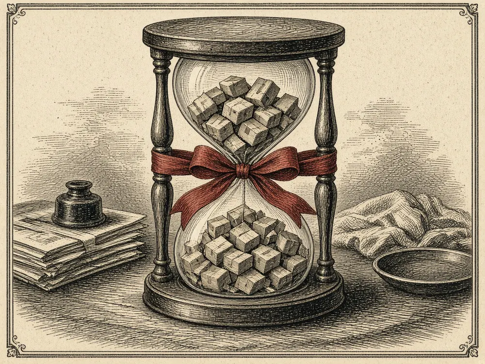 Engraving of an hourglass whose sand is made of tiny shipping boxes, tied with a red bow