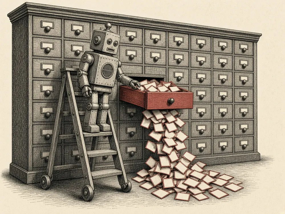 Engraving of a small tin robot pulling a drawer from an old library card catalog, one red card sticking out