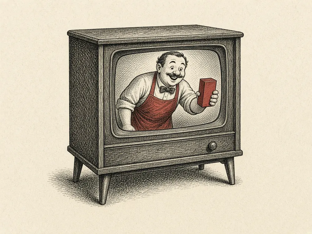 Engraving of a cheerful shop clerk leaning out of an old television set, holding a red gift box toward the viewer
