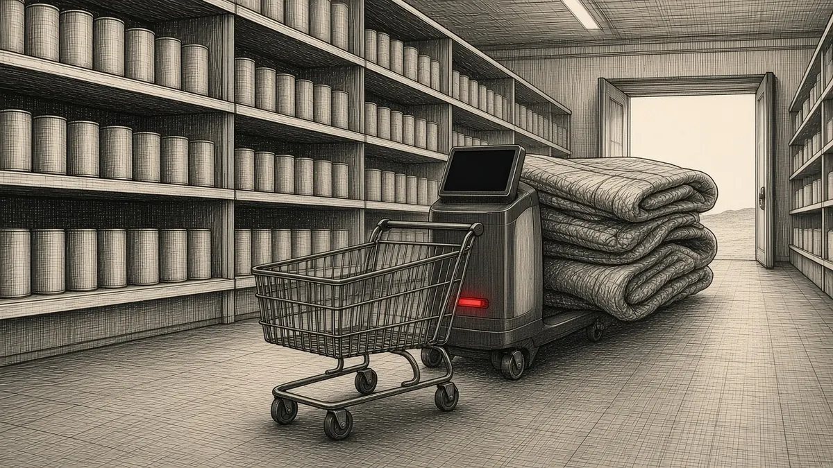 Engraving of a plain wire shopping cart standing in a grocery aisle while a smart cart with a dark screen and a red light is wheeled toward the loading dock on a pile of moving blankets