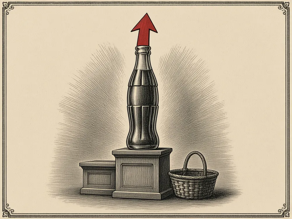 Engraving of a classic glass soda bottle on a podium with a red upward arrow rising out of its neck, beside an empty wicker basket