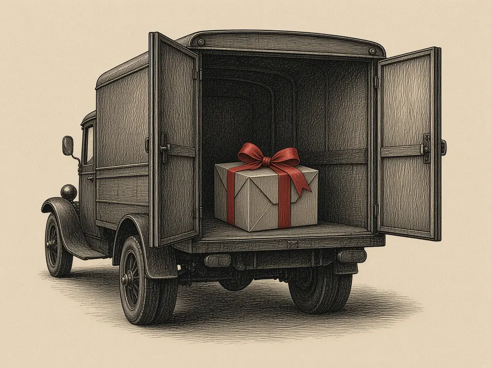 Engraving of an old delivery truck with its rear doors open and one wrapped box with a red ribbon sitting alone inside