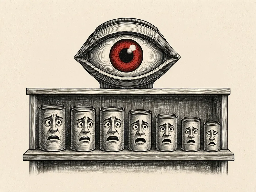 Engraving of a large eye with a red iris mounted above a shelf of nervous-looking unlabeled cans