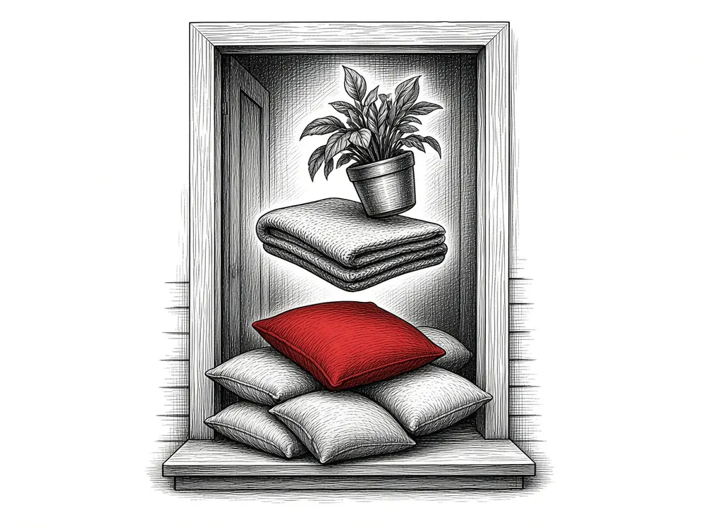 Engraving of a doorway threshold piled with throw pillows, one of them red, with a folded blanket and a potted plant floating above