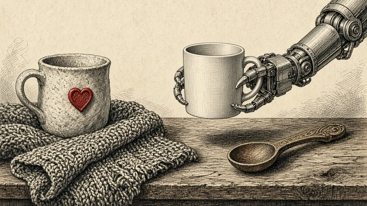 Engraving of a lumpy handmade mug with a red heart seal on a knitted scarf, while a robot arm offers a perfectly smooth identical mug across the workbench. The smooth mug has been politely asked to wait outside.