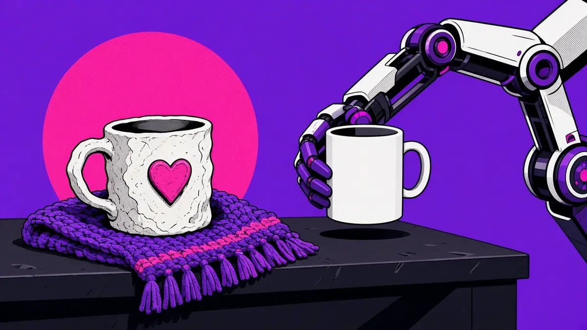 Illustration of a lumpy handmade mug with a pink heart seal on a knitted scarf, while a robot arm offers a perfectly smooth identical mug across the workbench. The smooth mug has been politely asked to wait outside.