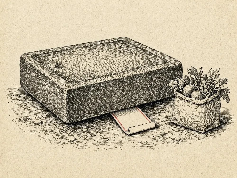 Engraving of a tiny red-edged paper fee ticket peeking out from beneath a huge stone slab shaped like a checkout button, beside a bag of produce
