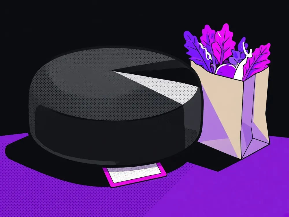Illustration of a tiny pink-edged paper fee ticket peeking out from beneath a huge stone slab shaped like a checkout button, beside a bag of produce