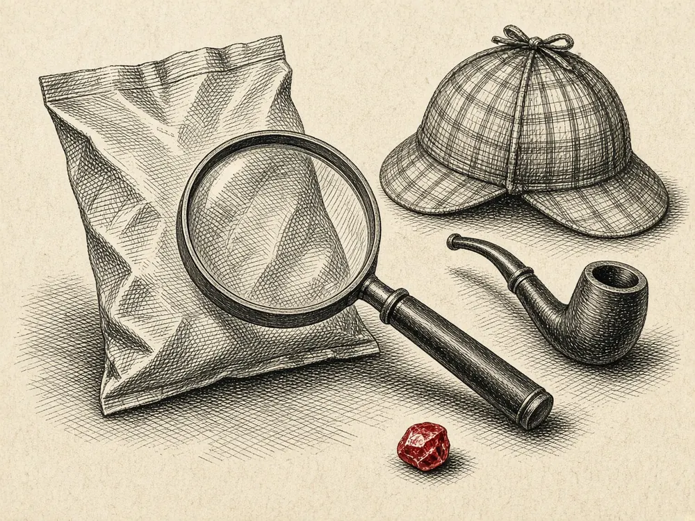 Engraving of a plain snack bag under a large magnifying glass, a deerstalker hat and pipe beside it, and a single red cookie crumb on the table