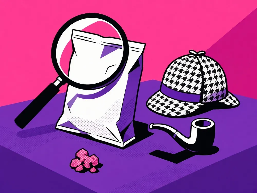 Illustration of a plain snack bag under a large magnifying glass, a deerstalker hat and pipe beside it, and a single pink cookie crumb on the table
