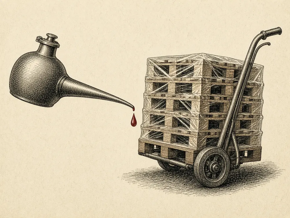 Engraving of an old-fashioned oil can dripping a single red drop toward a hand truck loaded with shrink-wrapped pallets