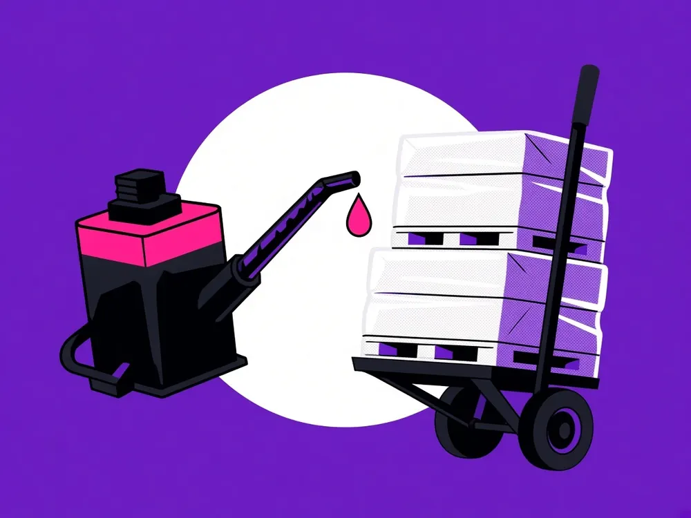 Illustration of an old-fashioned oil can dripping a single pink drop toward a hand truck loaded with shrink-wrapped pallets