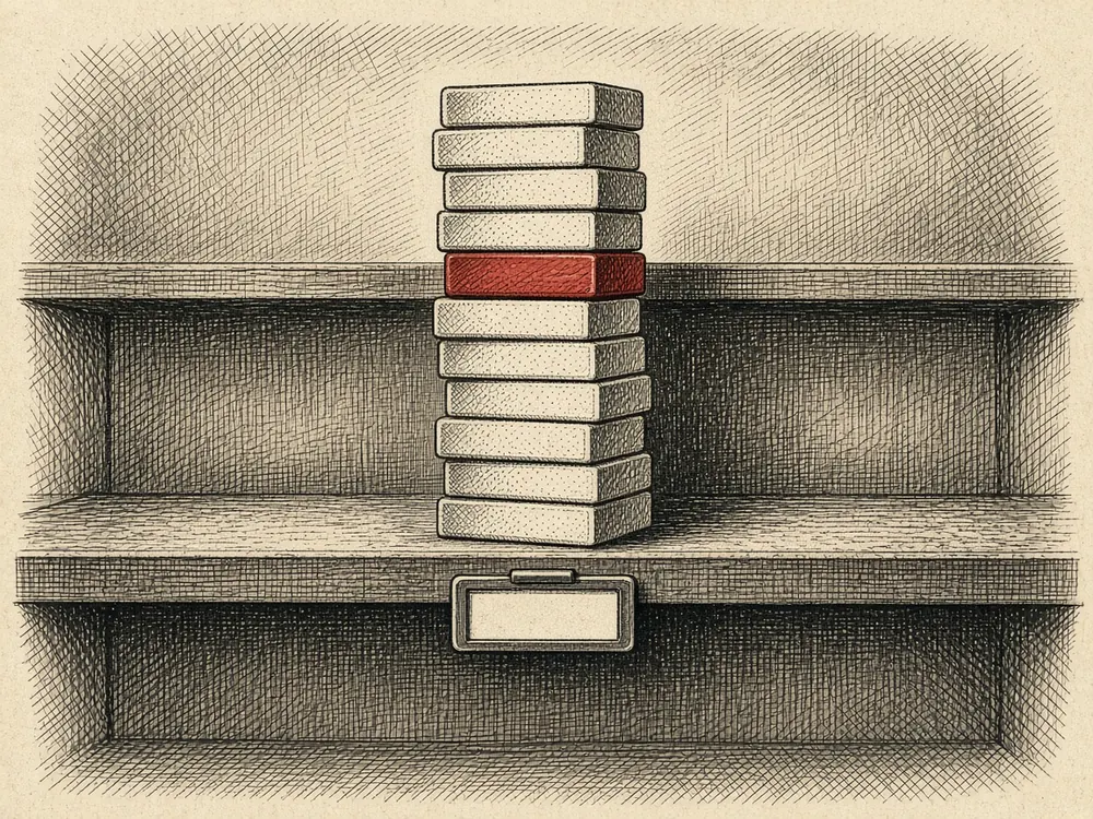Engraving of a tall stack of blank game tiles on an otherwise empty store shelf, one tile in red, above an empty price tag holder
