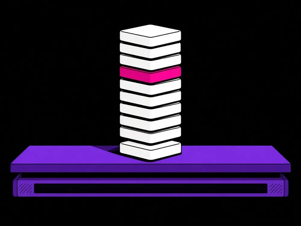 Illustration of a tall stack of blank game tiles on an otherwise empty store shelf, one tile in pink, above an empty price tag holder
