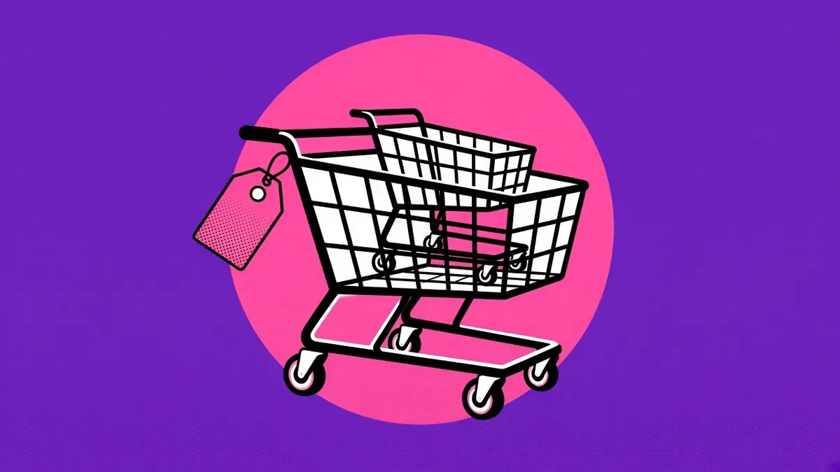 Illustration of a wire shopping cart carrying a smaller cart nested inside it, with a pink price tag hanging from the handle. Look closely: the outer cart's front-left wheel is turned out a little, in solidarity with a columnist.