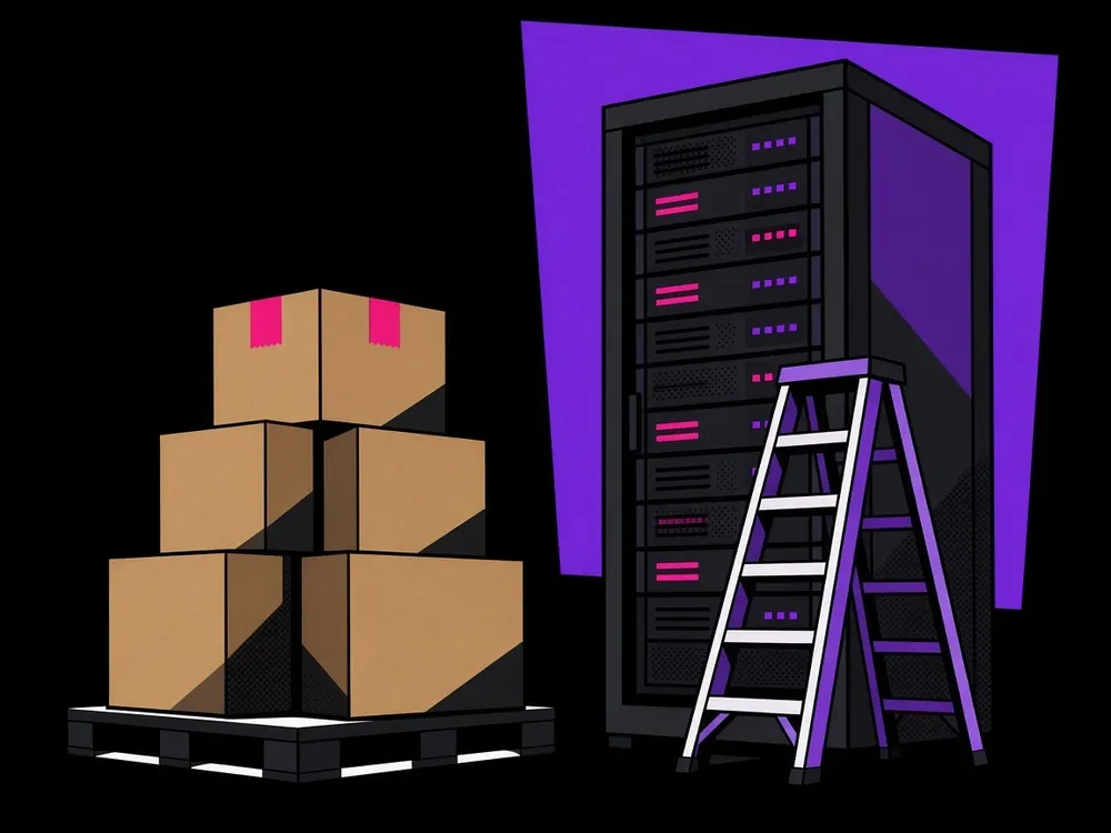 Illustration of a pallet of cardboard boxes with a pink strip of tape on the top box, standing beside a towering server rack with a stepladder leaned against it