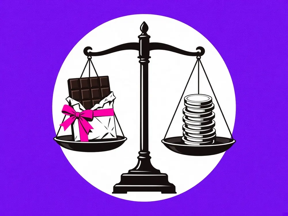 Illustration of a chocolate bar tied with a pink ribbon on one pan of a balance scale, outweighed by a heap of coins on the other pan