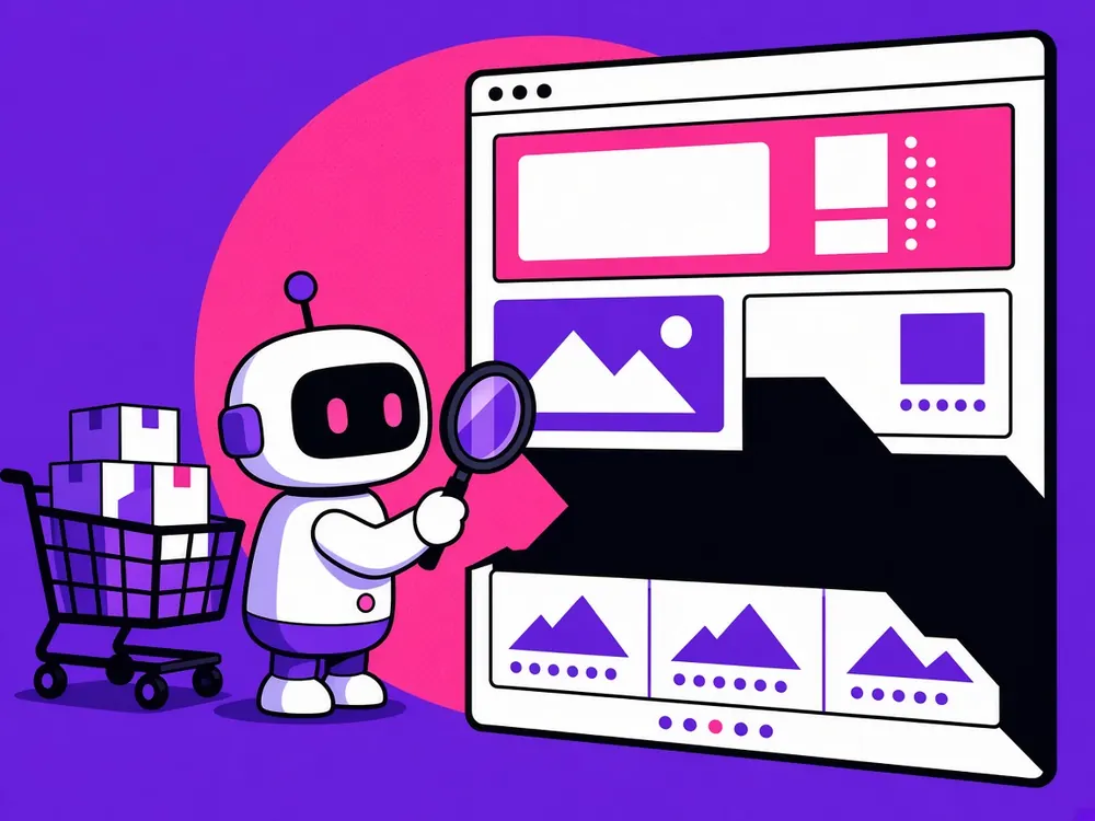 Illustration of a small white robot holding a magnifying glass up to a giant website homepage on a purple background, a third of the page missing into a black void, a shopping cart full of parcels waiting behind it
