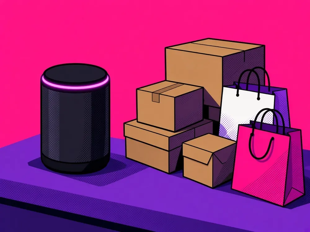 Illustration of a cylindrical smart speaker with a glowing pink light ring on a kitchen counter beside a pile of cardboard parcels and shopping bags