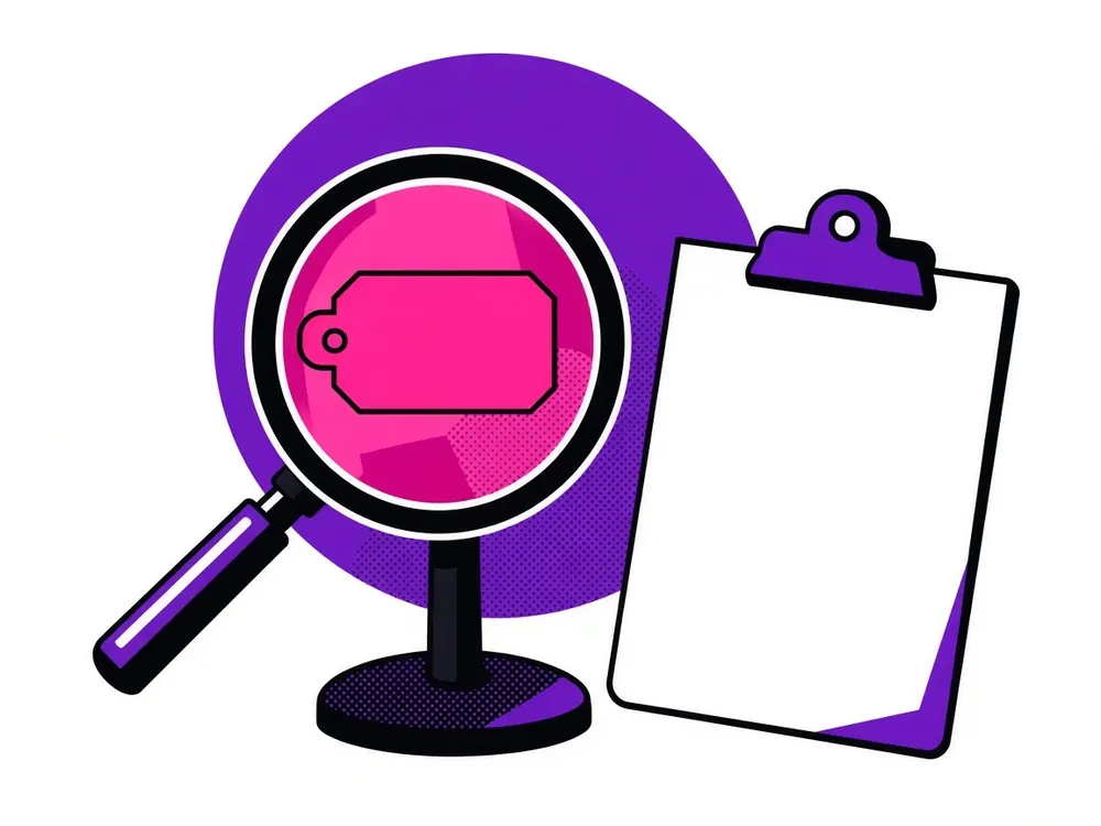 Illustration of a blank pink shelf price tag under a large magnifying glass on a stand, with an empty clipboard propped beside it