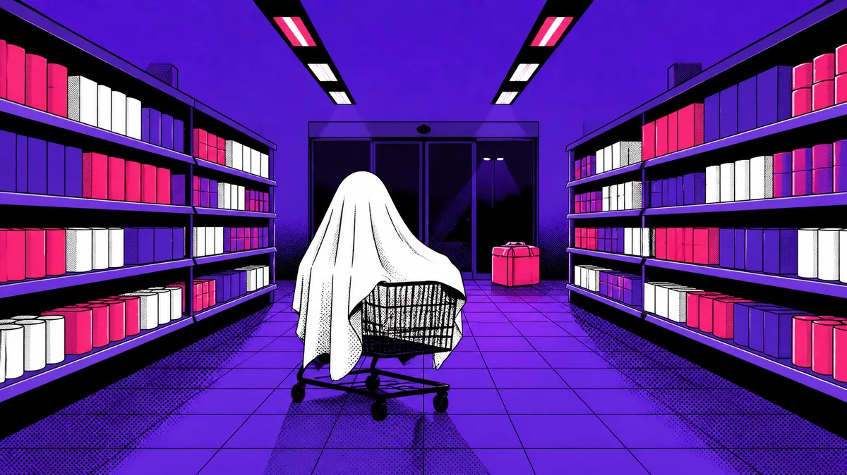 Illustration of an empty supermarket aisle at night with pink and white boxes on purple shelves, a shopping cart draped in a white bedsheet ghost costume in the middle, and a single pink delivery bag waiting by the exit doors