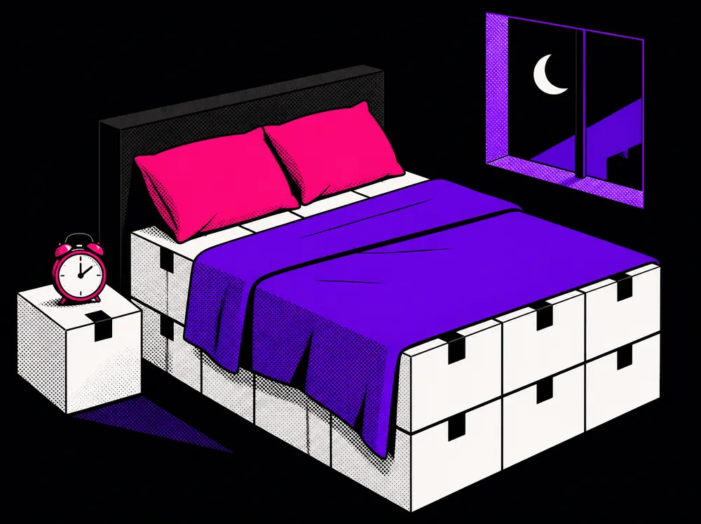 Illustration of a neatly made bed whose mattress is a stack of white shipping boxes, with pink pillows and a purple blanket, a pink alarm clock on a box nightstand and a crescent moon in the window