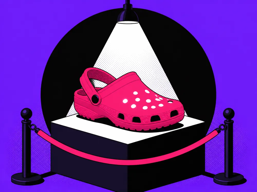 Illustration of a single pink foam clog with white glowing holes displayed on a museum pedestal under a spotlight, behind a pink velvet rope on a purple background