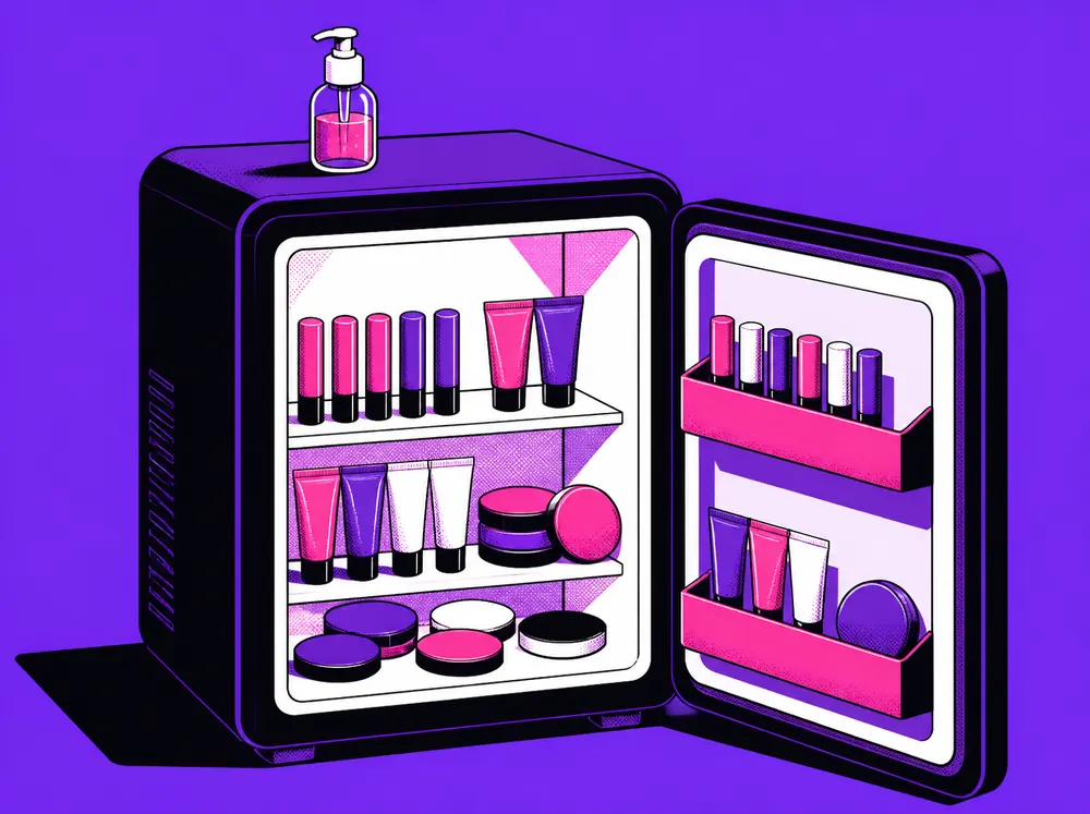 Illustration of an open minibar fridge on a purple background, its shelves glowing with tiny pink and purple lip balms, lotion tubes and compacts, with a small pump bottle on top