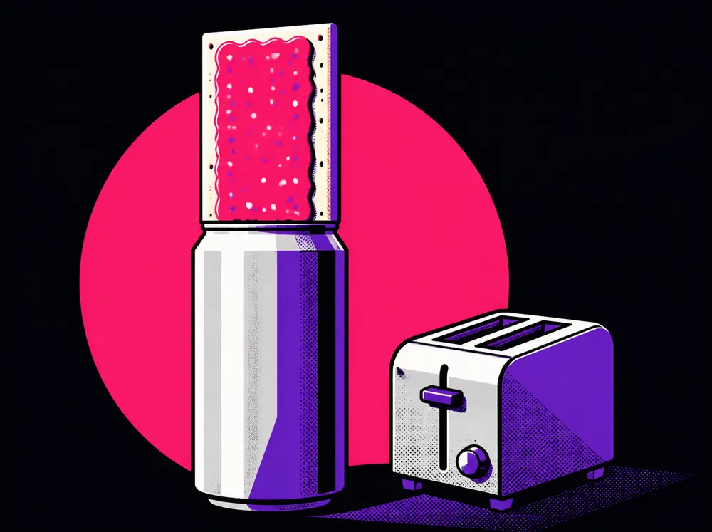 Illustration of a pink frosted toaster pastry standing upright on top of a tall white and purple aluminum can, on a near-black background with a pink circle, while a white toaster sits beside it