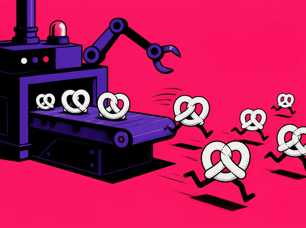 Illustration of white pretzel twists with small legs jumping off the end of a purple factory conveyor belt and running across a pink floor, while a purple robotic arm reaches after them