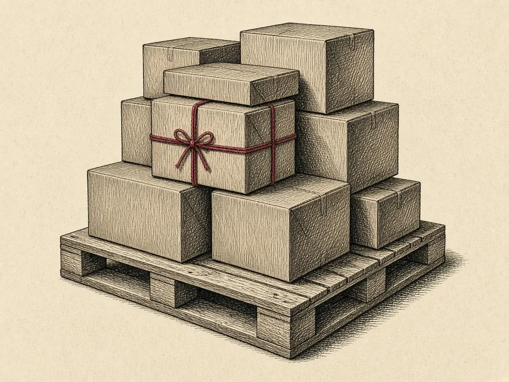 Engraving of cardboard boxes on a pallet, one tied with red twine