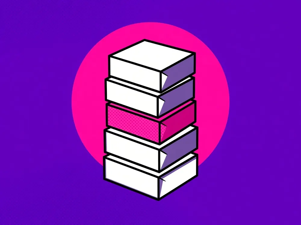 Illustration of cardboard boxes on a pallet, one tied with pink twine