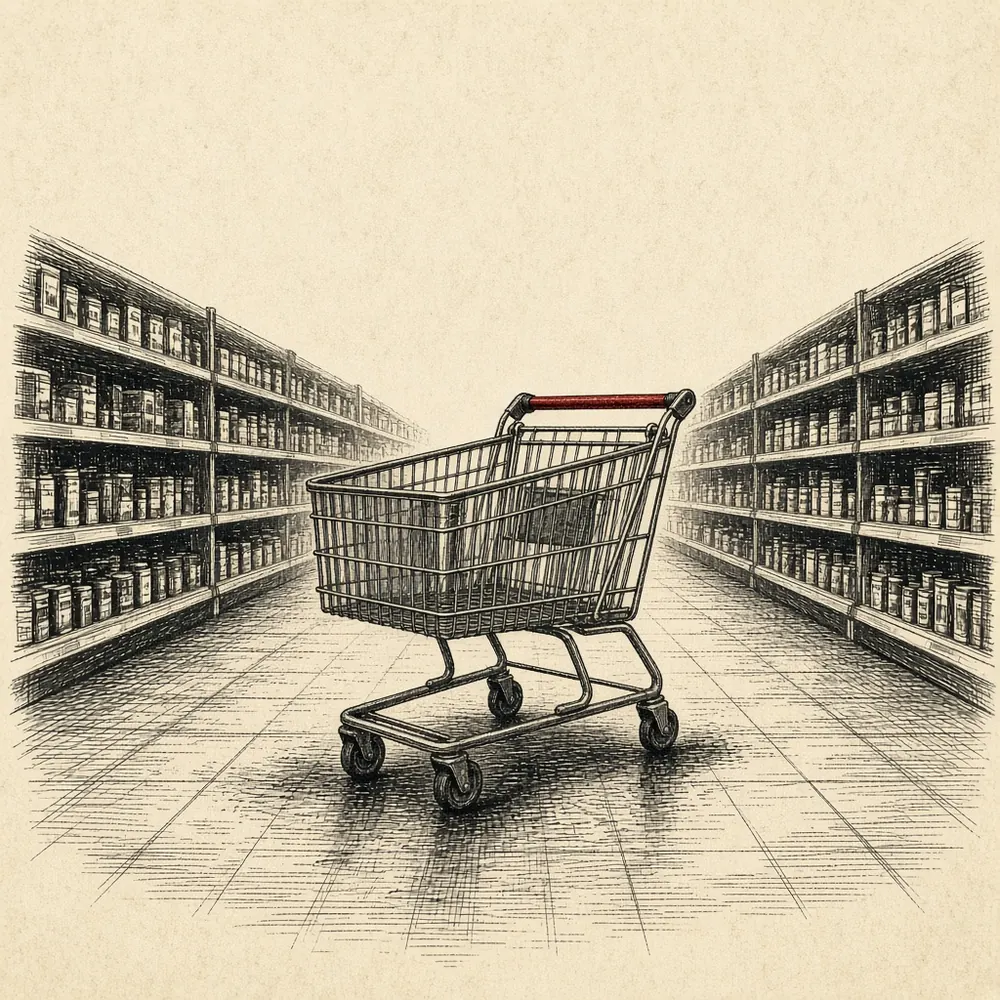 Engraving of a shopping cart in a store aisle