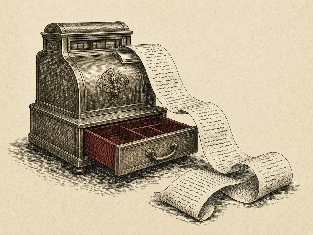 Engraving of an antique cash register with a long receipt