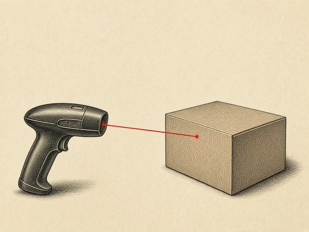 Engraving of a barcode scanner aiming a red laser at a box