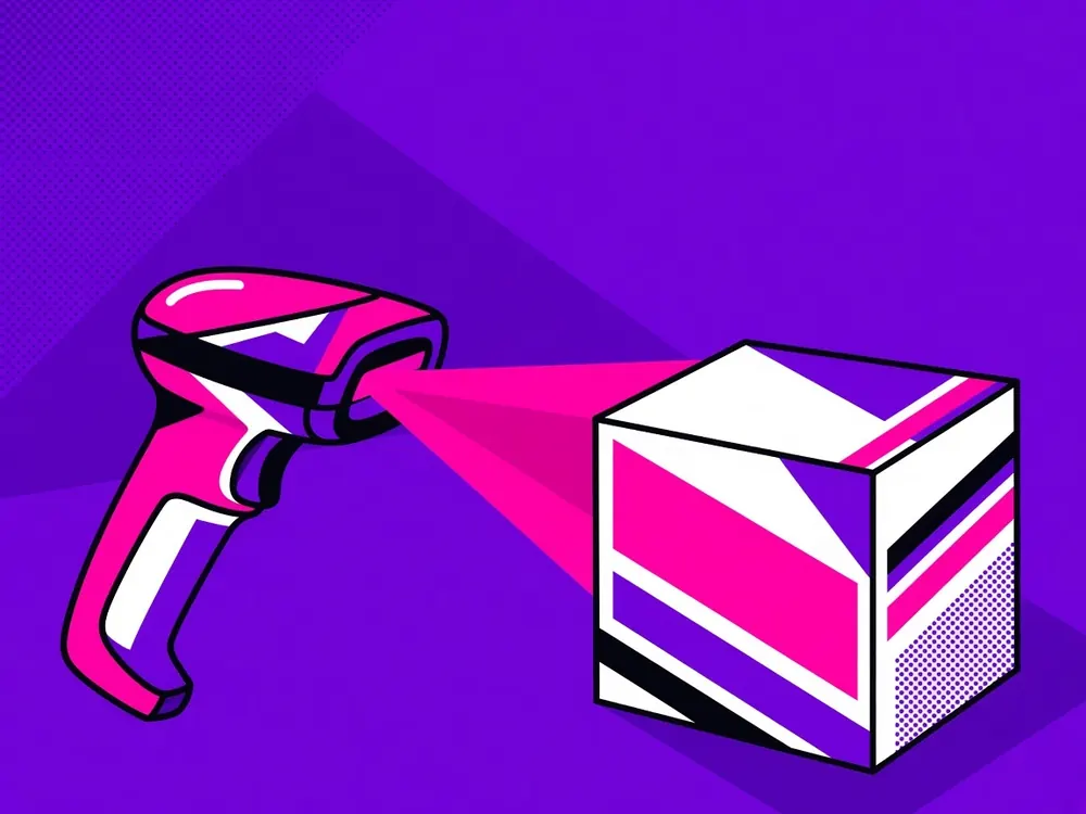 Illustration of a barcode scanner aiming a pink laser at a box