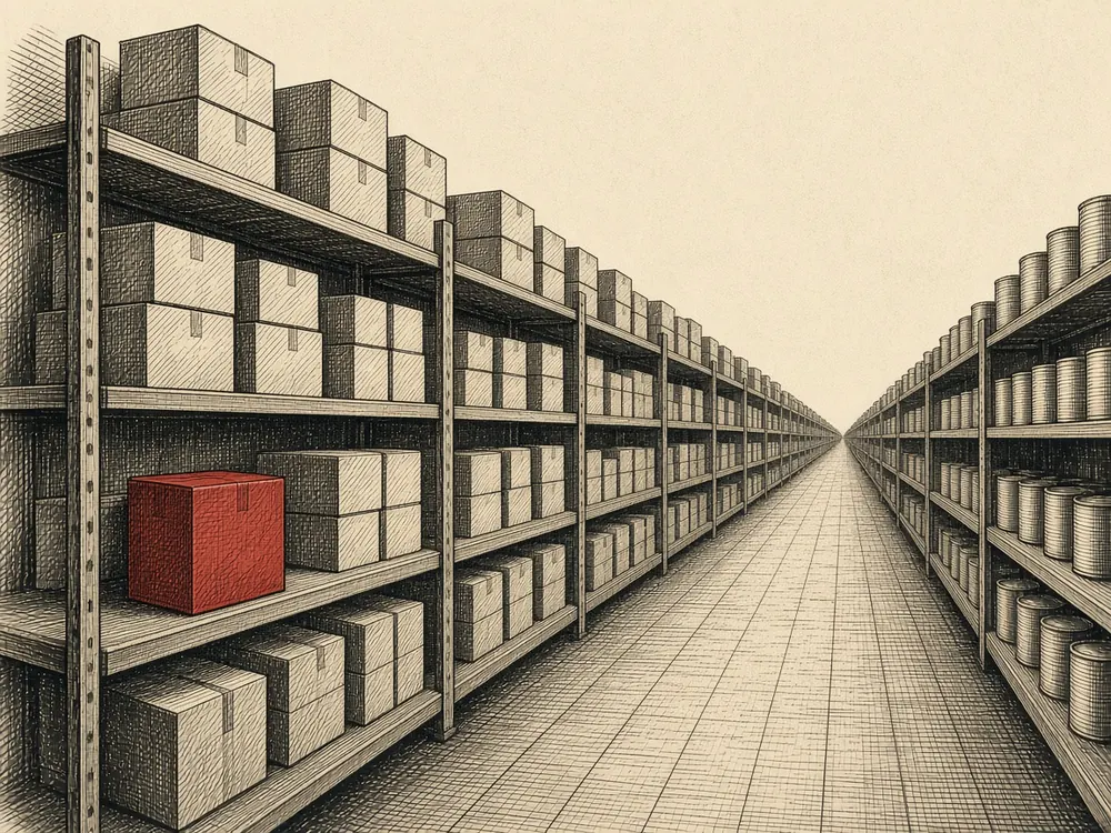 Engraving of a long stocked shelf aisle with one red box
