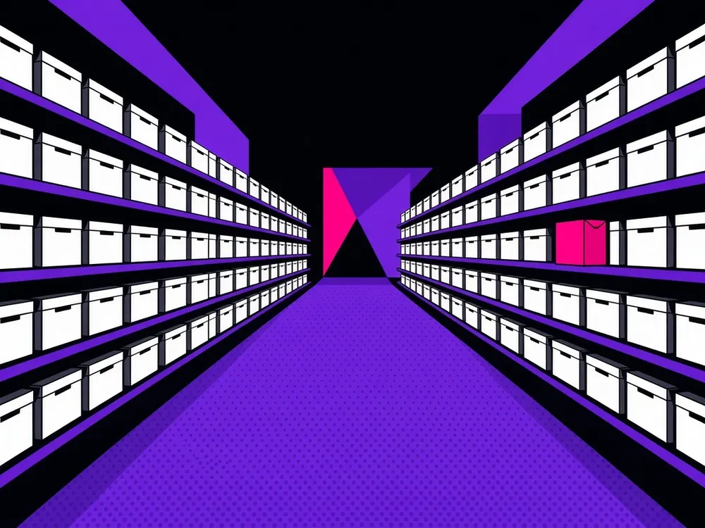 Illustration of a long stocked shelf aisle with one pink box